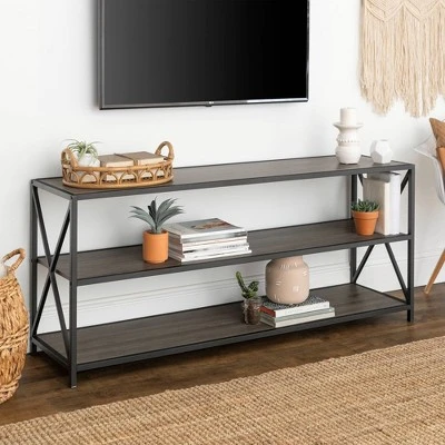 Modern Industrial X Frame Metal And Wood Media Bookshelf - Saracina Home 3 Modern Industrial X Frame Metal And Wood Media Bookshelf - Saracina Home