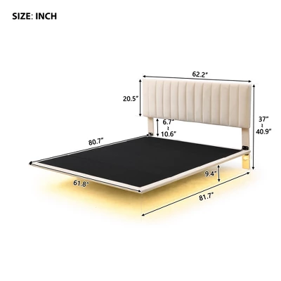 Queen Size Upholstered Floating Velvet Platform Bed With Sensor Light And Headboard-ModernLuxe 4 Queen Size Upholstered Floating Velvet Platform Bed With Sensor Light And Headboard-ModernLuxe - Image 2