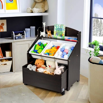 Costway Kids Wooden Toy Storage Unit Organizer W/Rolling Toy Box & Plastic Bins NaturalEspresso 3 Costway Kids Wooden Toy Storage Unit Organizer W/Rolling Toy Box & Plastic Bins NaturalEspresso