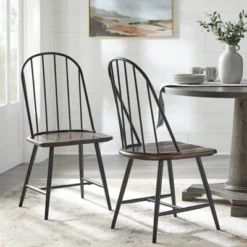 Set Of 2 Milo Windsor Metal With Wood Seat Dining Chairs Black/Espresso Brown - Buylateral