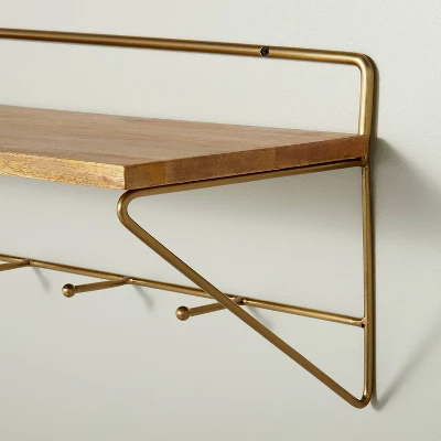 24" Wood & Brass Wall Shelf With Hooks - Hearth & Hand™ With Magnolia 4 24" Wood & Brass Wall Shelf With Hooks - Hearth & Hand™ With Magnolia - Image 2