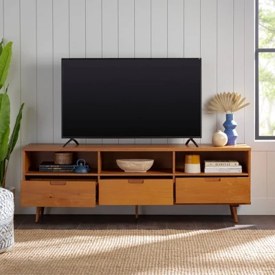 Cara 3 Drawer Mid-Century Modern 3 Drawer TV Stand For TVs Up To 80" - Saracina Home 3 Cara 3 Drawer Mid-Century Modern 3 Drawer TV Stand For TVs Up To 80" - Saracina Home